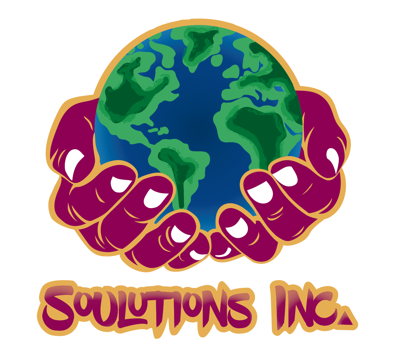 A logo for soultions inc. shows two hands holding a globe