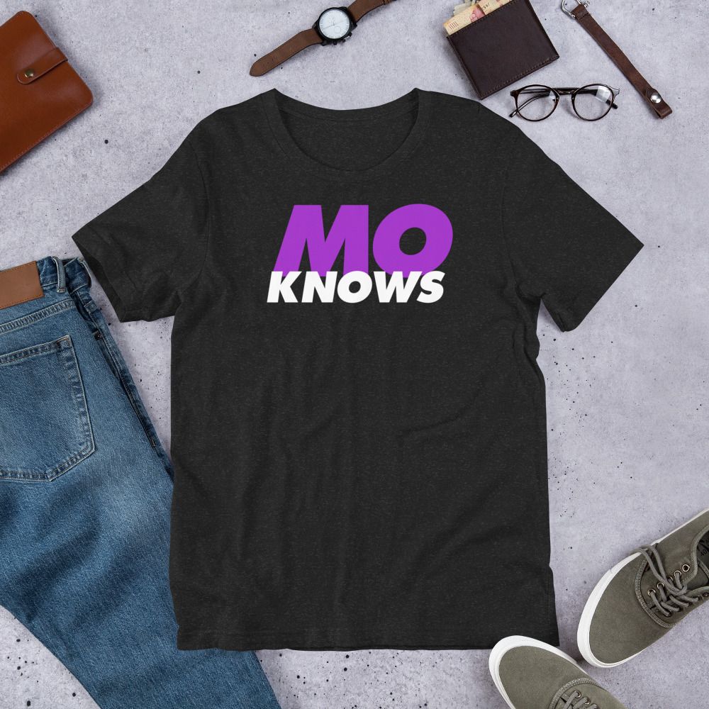A black t-shirt with a purple mo knows logo on it
