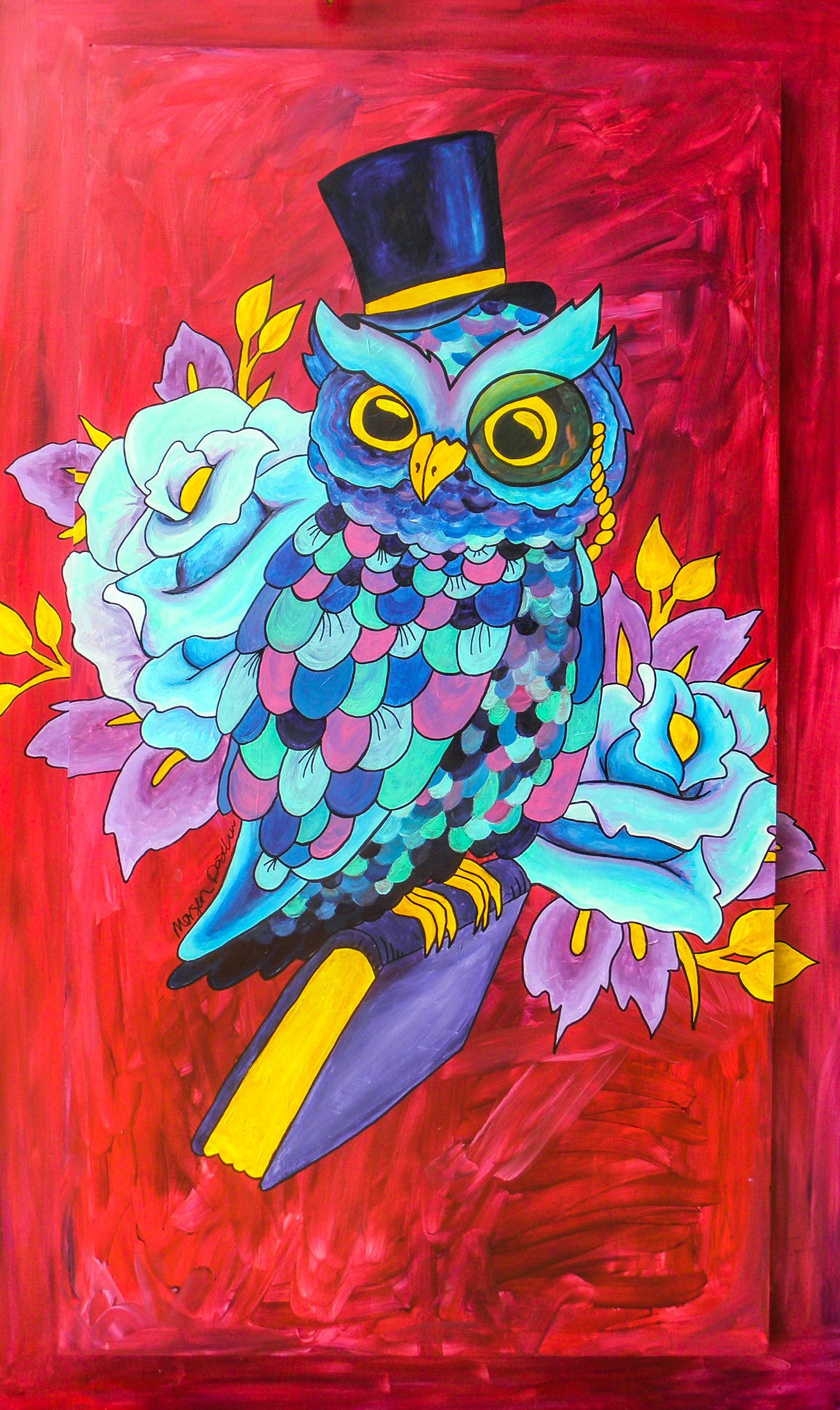 A painting of an owl wearing a top hat and flowers.