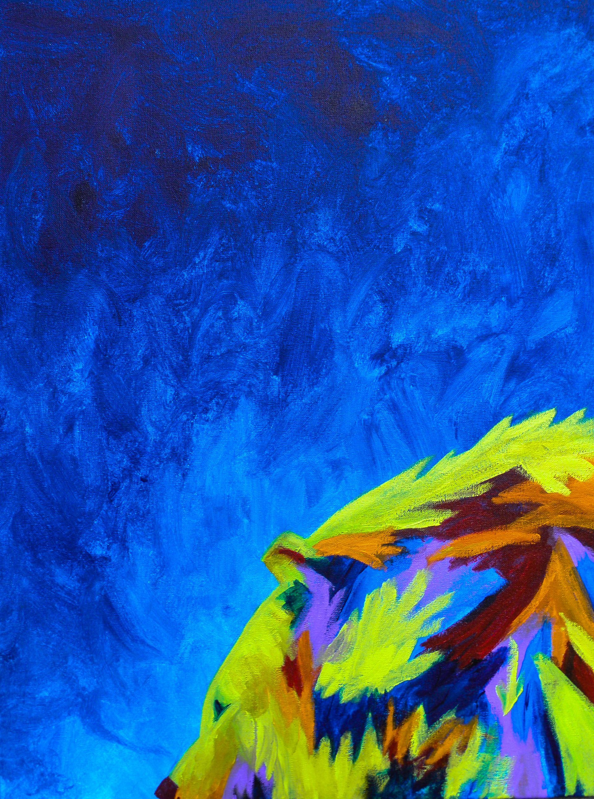 A painting of a peacock with purple and blue feathers