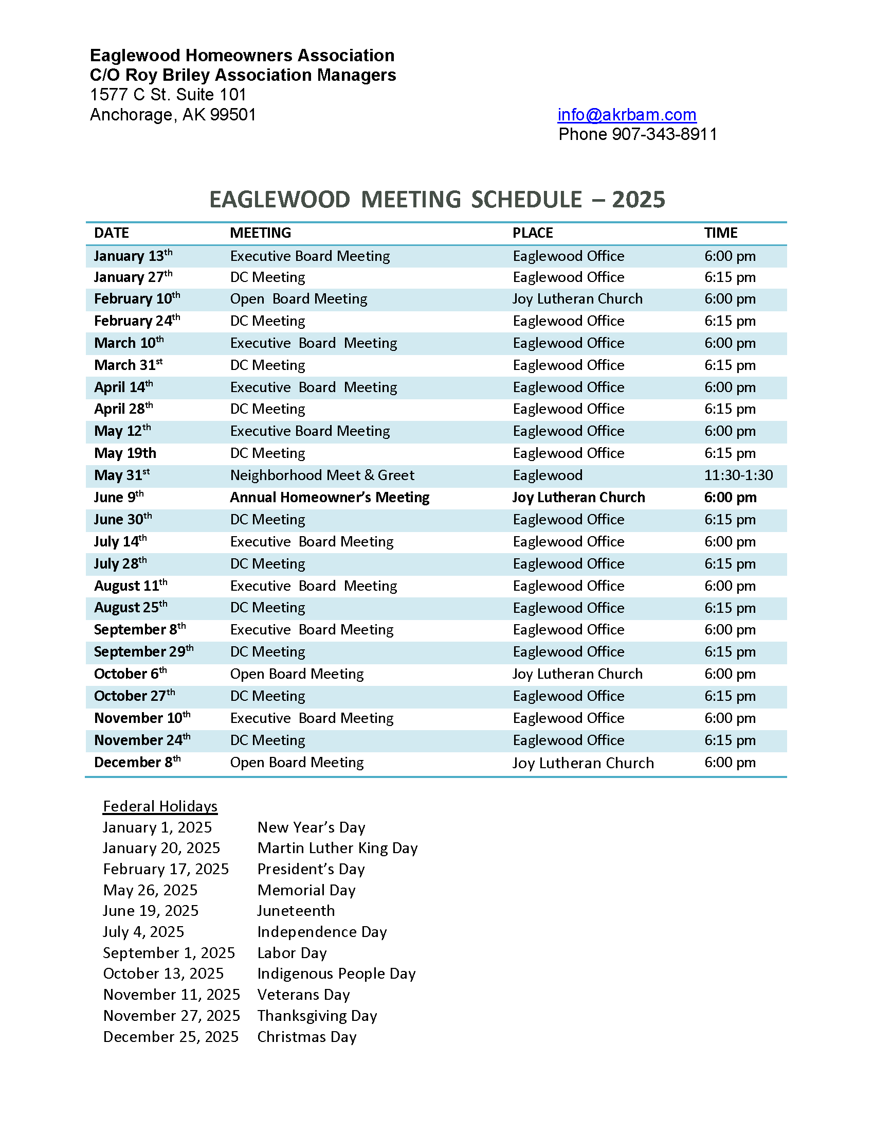 Eaglewood Residents Association 2025 meeting schedule: dates, times, locations, and holiday list.