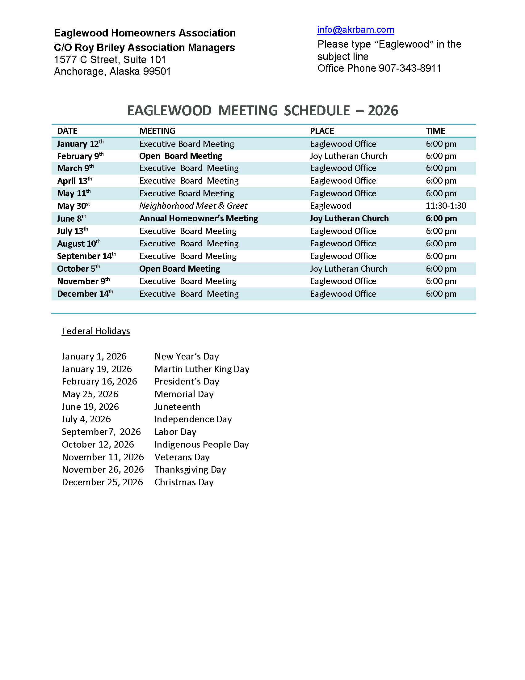 Eaglewood Residents Association 2026 meeting schedule: dates, times, locations, and holiday list.