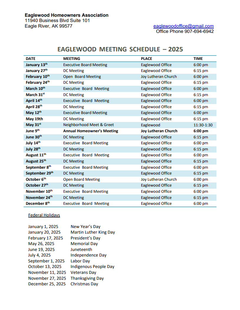 Eaglewood Residents Association 2025 meeting schedule: dates, times, locations, and holiday list.