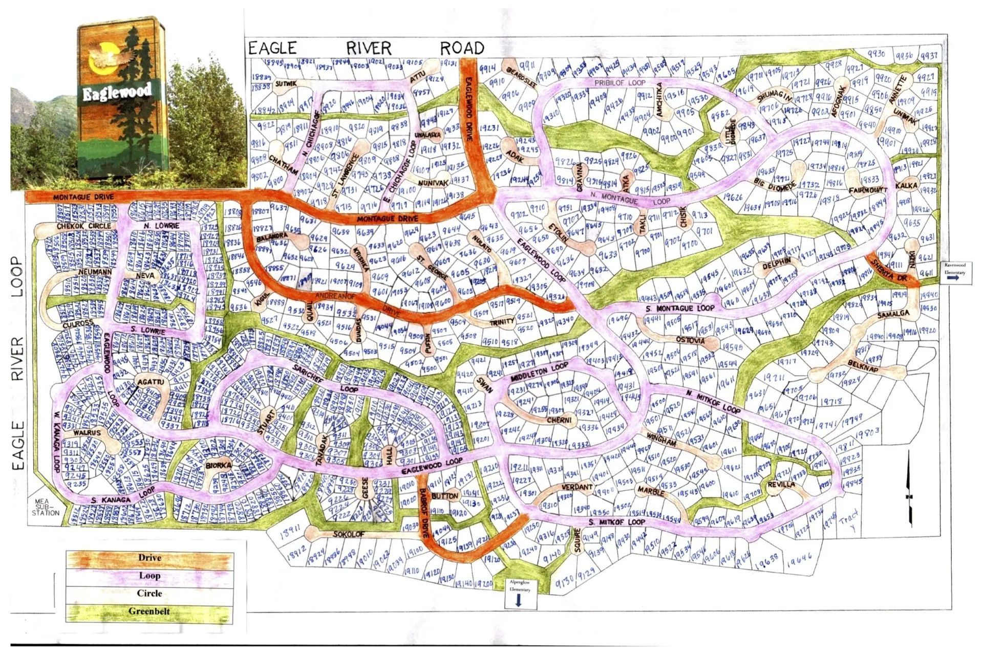 Map of Eaglewood community with roads, trails, and street names. Sign in upper left.
