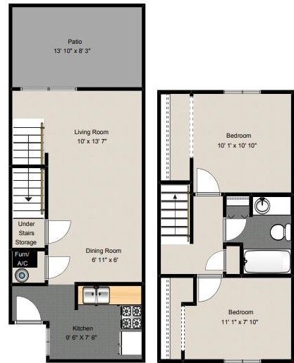 Floor plan of a two-story townhouse with patio, kitchen, living, dining, and two bedrooms.