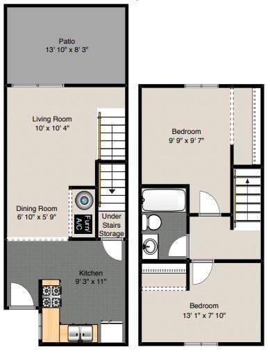 Floor plan of a two-story townhome. Kitchen and dining on the first floor; two bedrooms, and a bathroom on the second floor.