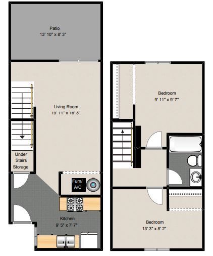Floor plan of a two-story townhouse with living room, kitchen, patio, and two bedrooms.