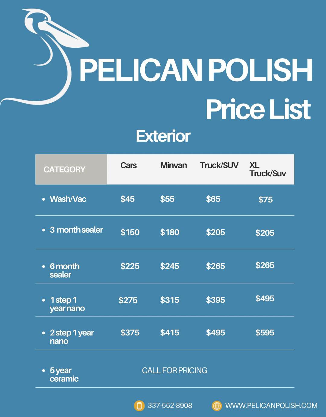 A pelican polish price list for exterior cars