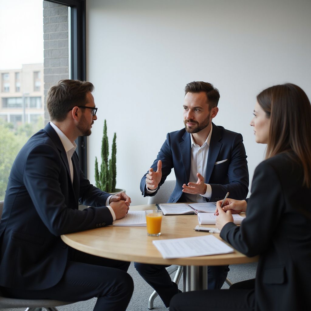 Tre uomini d'affari in giacca e cravatta seduti a un tavolo rotondo discutono di documenti.