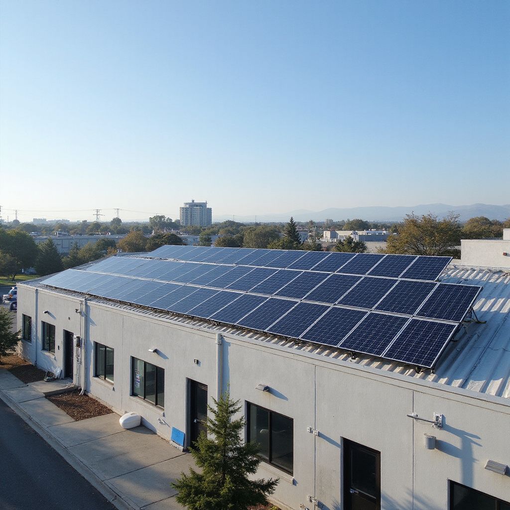 Pannelli solari sul tetto di un edificio commerciale bianco; alberi e paesaggio urbano sullo sfondo sotto un cielo azzurro.