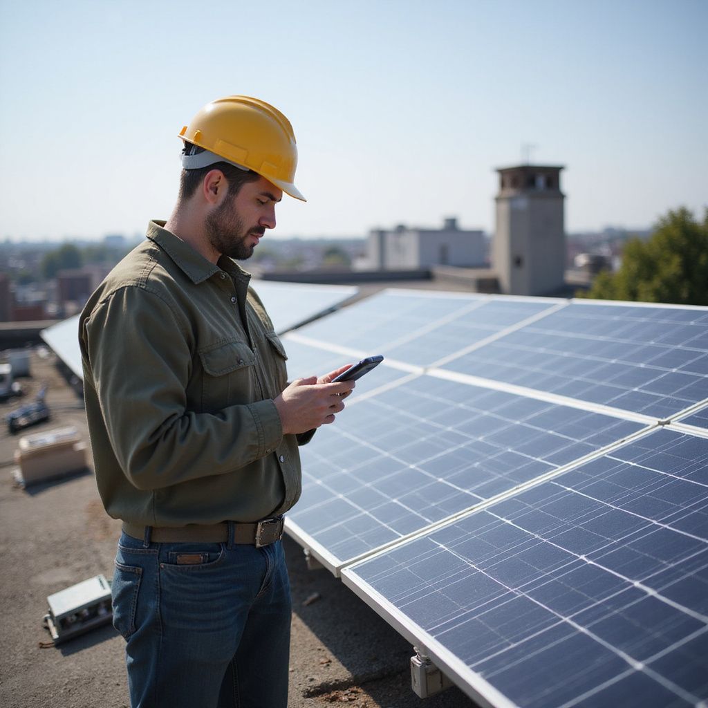 Operaio edile con casco giallo su un tetto, ispeziona i pannelli solari con un tablet.