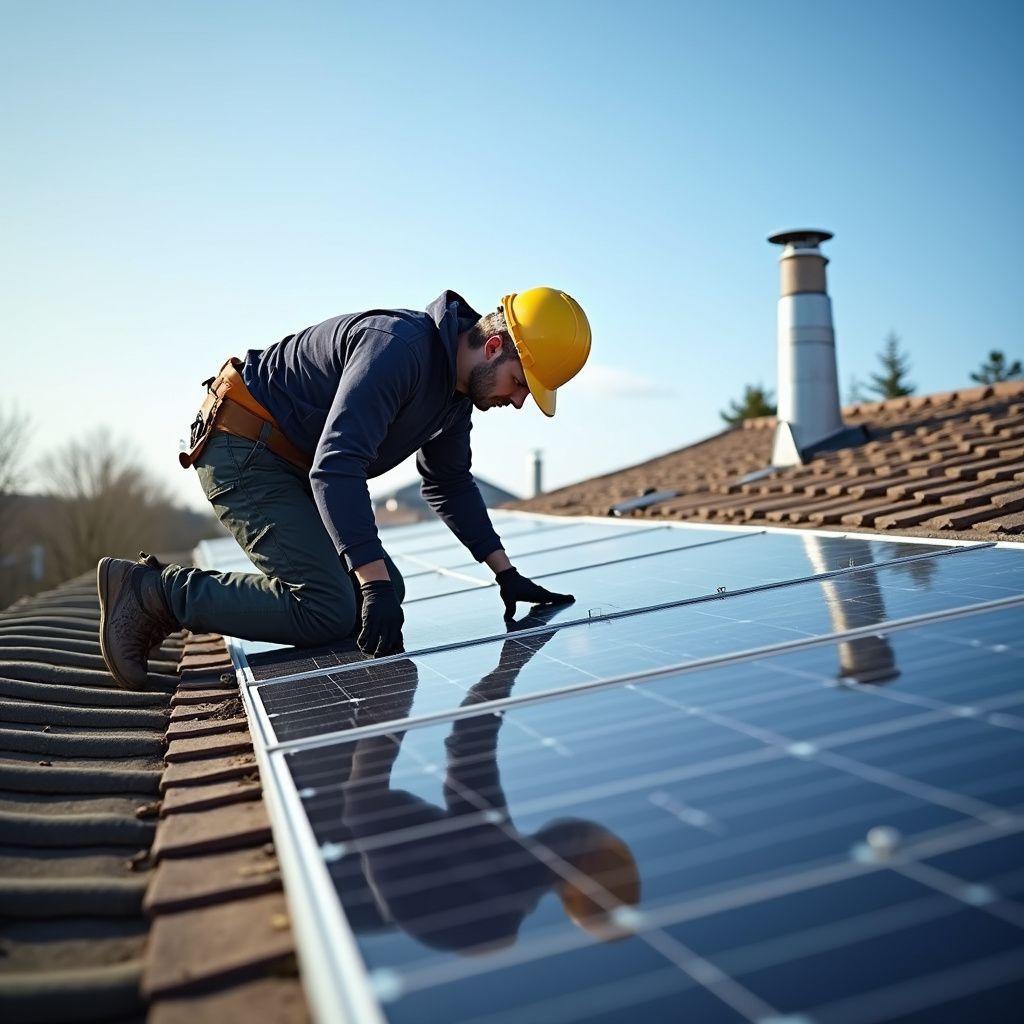 Installatore di pannelli solari su un tetto, indossa casco e guanti e lavora sui pannelli.