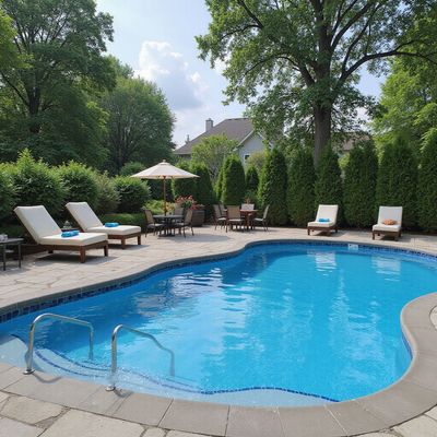 Piscina con sedie a sdraio, tavoli e ombrelloni in un cortile sul retro.