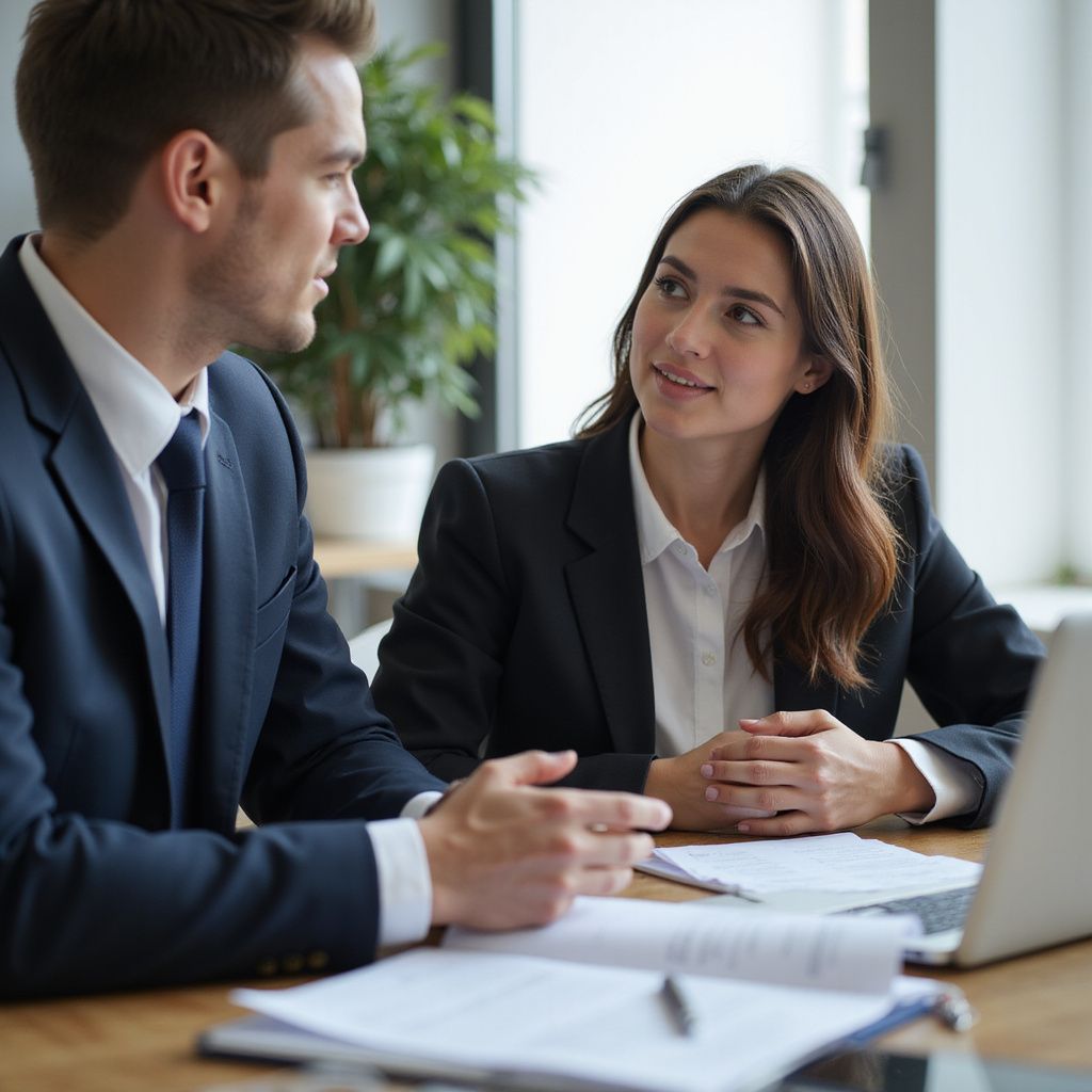 Un uomo e una donna in abiti da lavoro parlano seduti a un tavolo. 