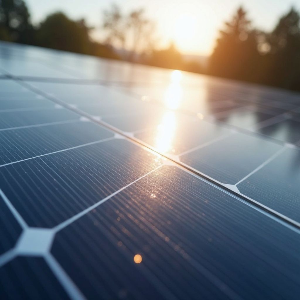 Vista ravvicinata dei pannelli solari che riflettono il sole.