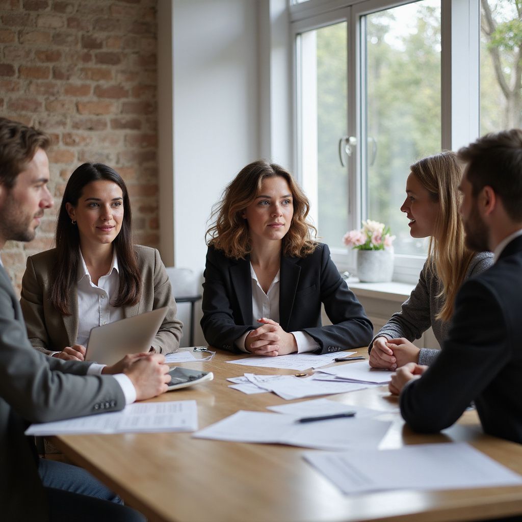 Un team aziendale si riunisce attorno a un tavolo in un ufficio illuminato dal sole