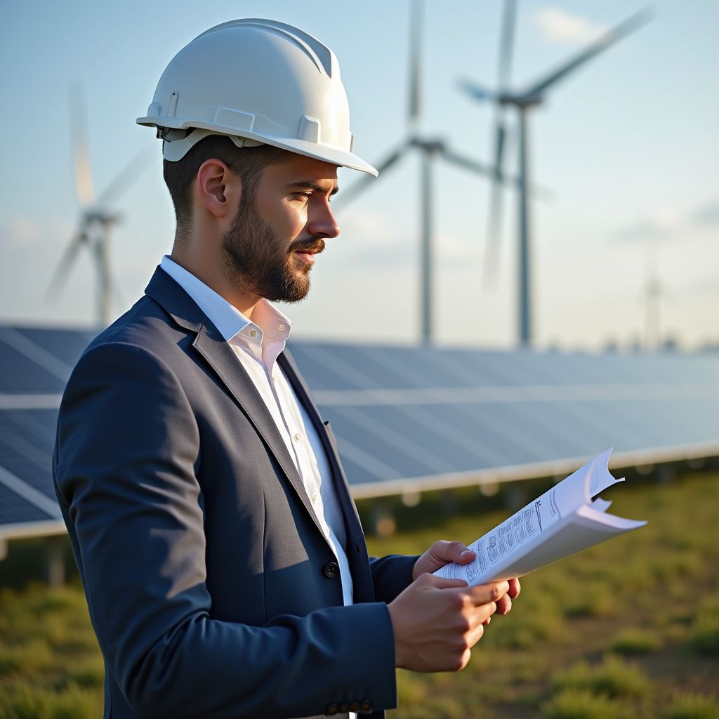 Un ingegnere con un casco bianco esamina i progetti davanti a pannelli solari e turbine eoliche.