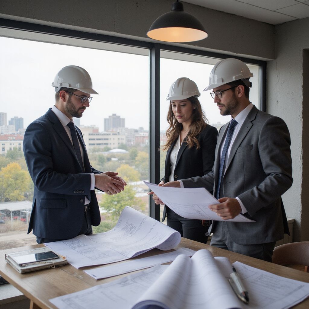Tre professionisti dell'edilizia in giacca e cravatta e casco esaminano i progetti.
