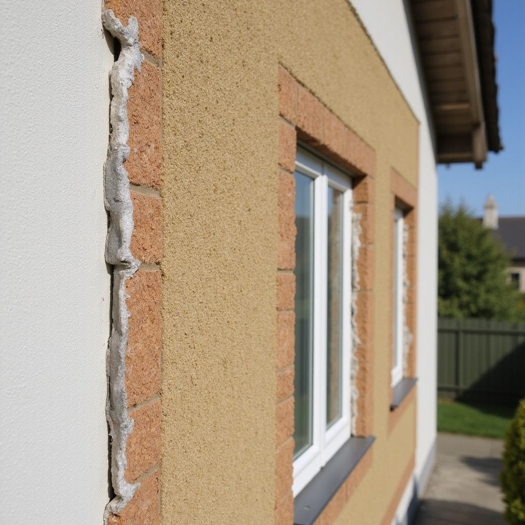 Parete esterna della casa che mostra una crepa tra le sezioni bianche, beige e color mattone, con una finestra.
