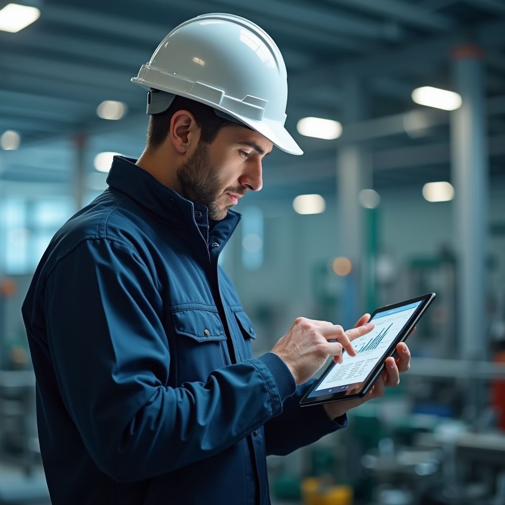 Uomo con casco e tuta da lavoro che guarda un tablet con grafici in una fabbrica.