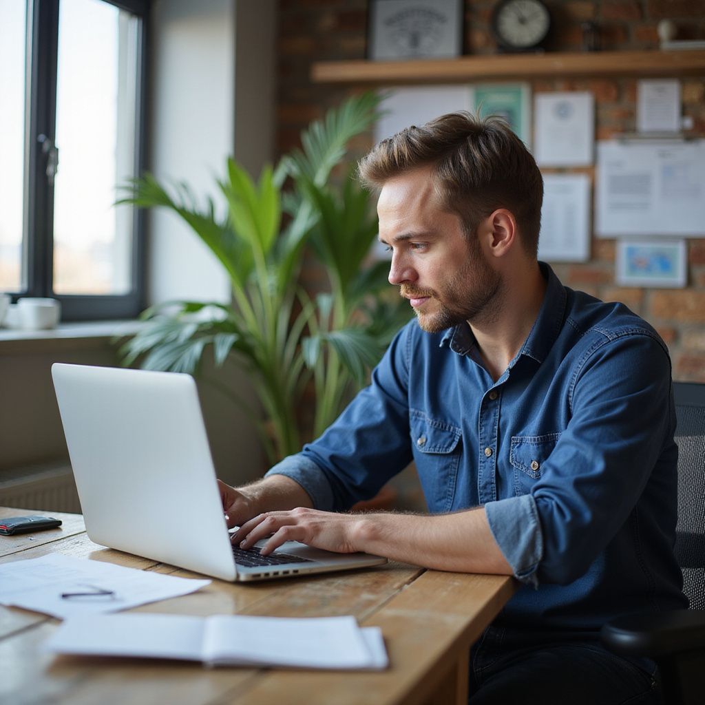 Uomo con camicia blu che lavora al computer portatile alla scrivania di legno, con piante e muro di mattoni sullo sfondo.
