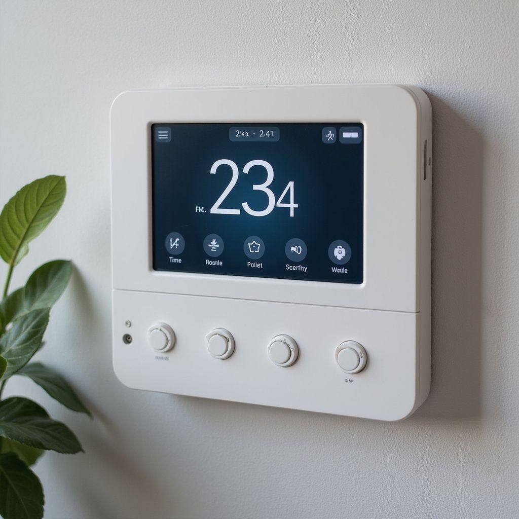 Termostato intelligente bianco montato a parete che indica 23 gradi con quattro manopole di controllo e icone touch.