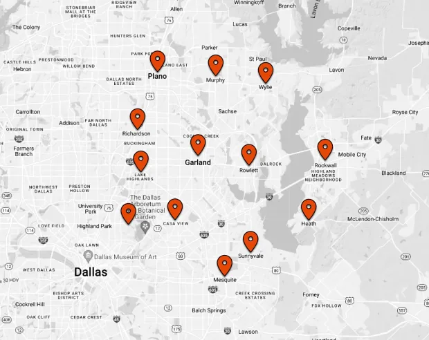 The service areas covered by Better Earth Solutions in Garland, TX