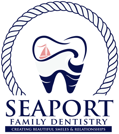 Logo for Seaport Family Dentistry: tooth with sailboat within wave design, rope circle, blue and white.