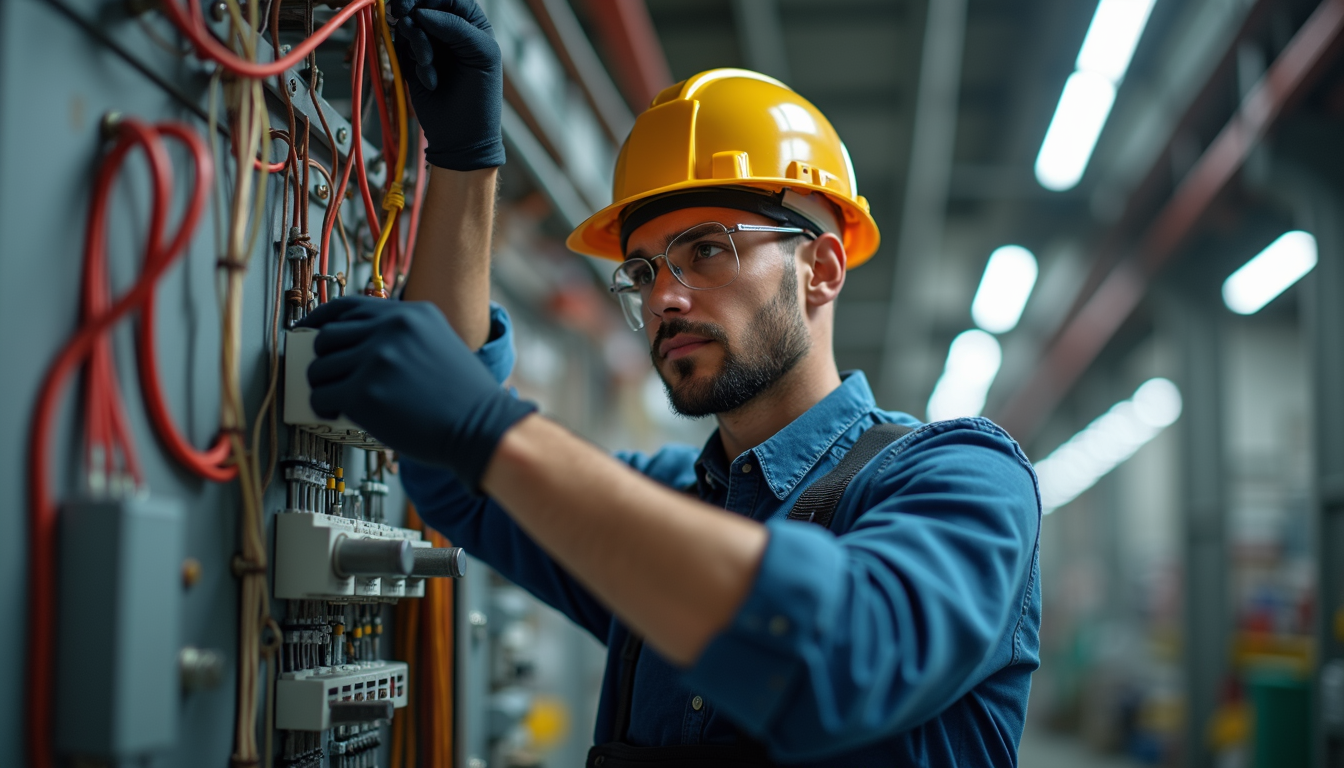 Little Red Acorn man working on electrical work with electrician and electrical set up in the background