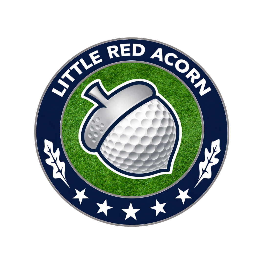 Little Red Acorn Topgolf Networking Event golf logo with acorn looking like a golf ball, grass in the background
