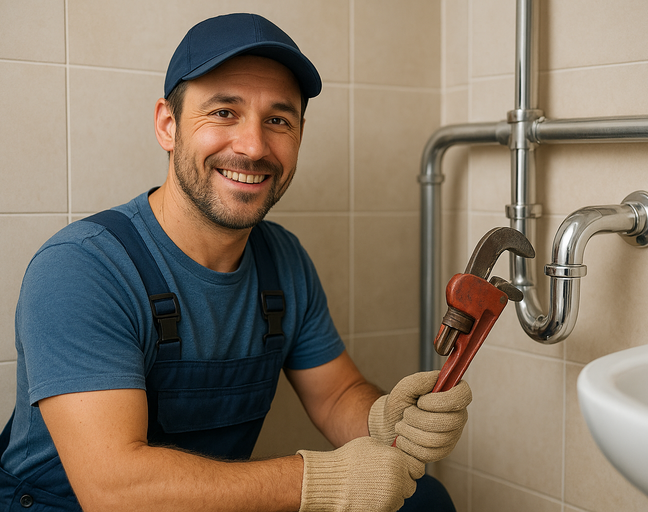 Little Red Acorn with man working on plumbing to represent MasterCraft Plumbing and plumbers