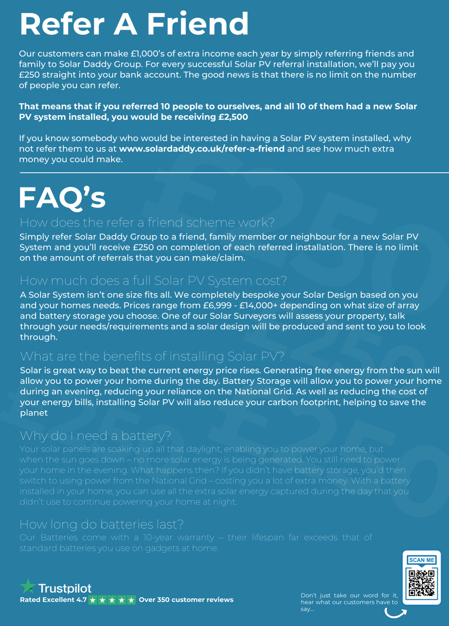 A blue poster that says refer a friend and faq 's