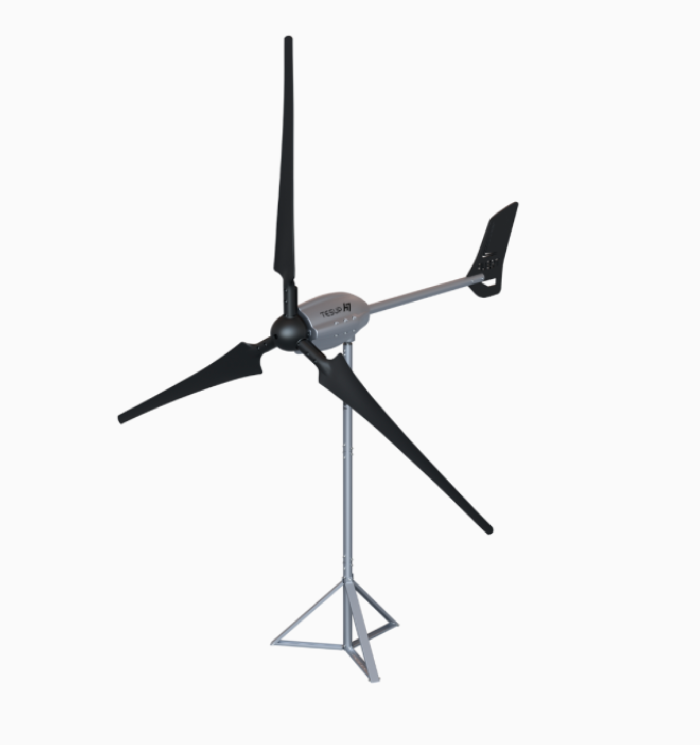 A small wind turbine is sitting on a stand on a white background.