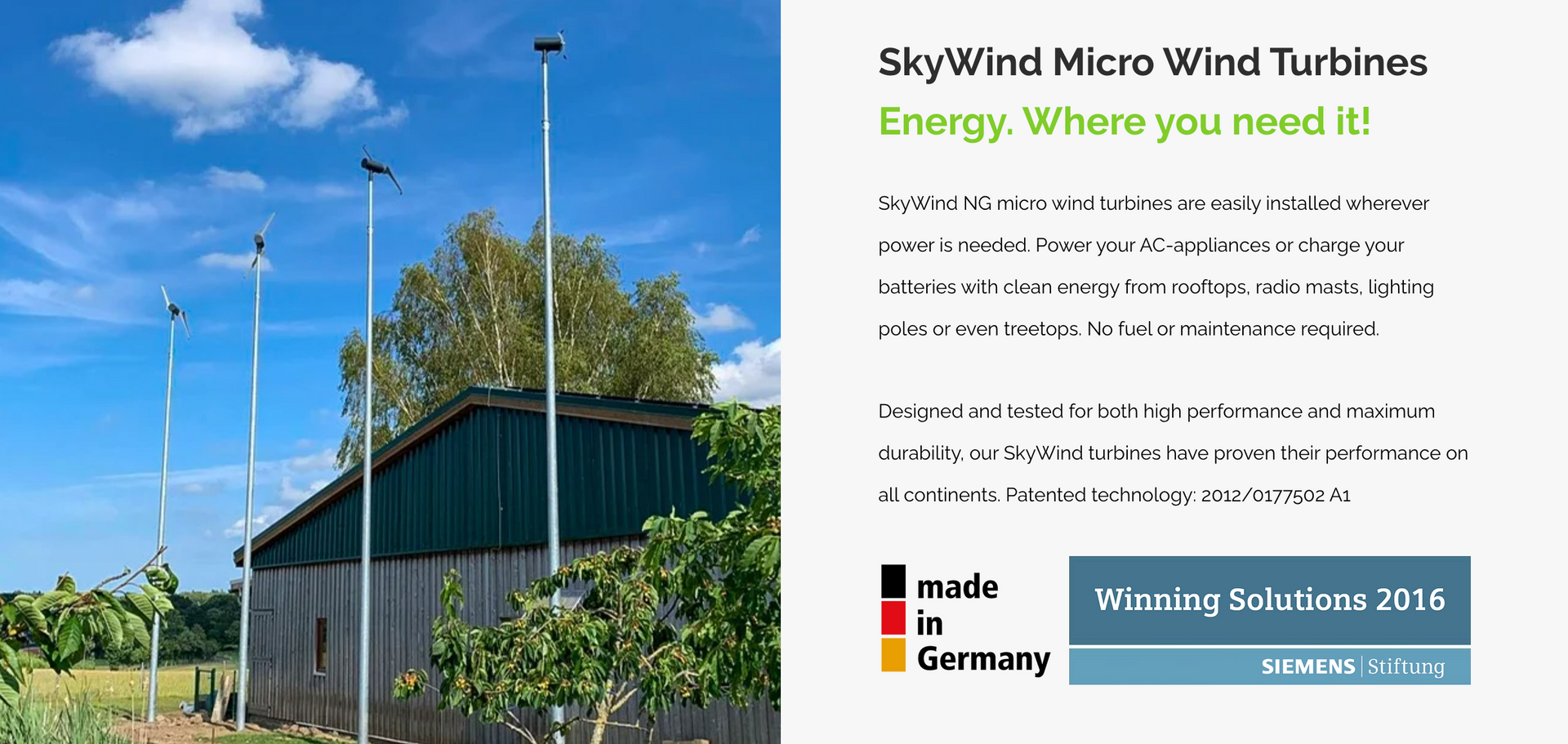 An advertisement for skywind micro wind turbines made in germany