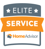 HomeAdvisor Elite Service badge: gray, orange, and white logo with