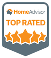 HomeAdvisor Top Rated badge with orange stars and text on a gray shield.