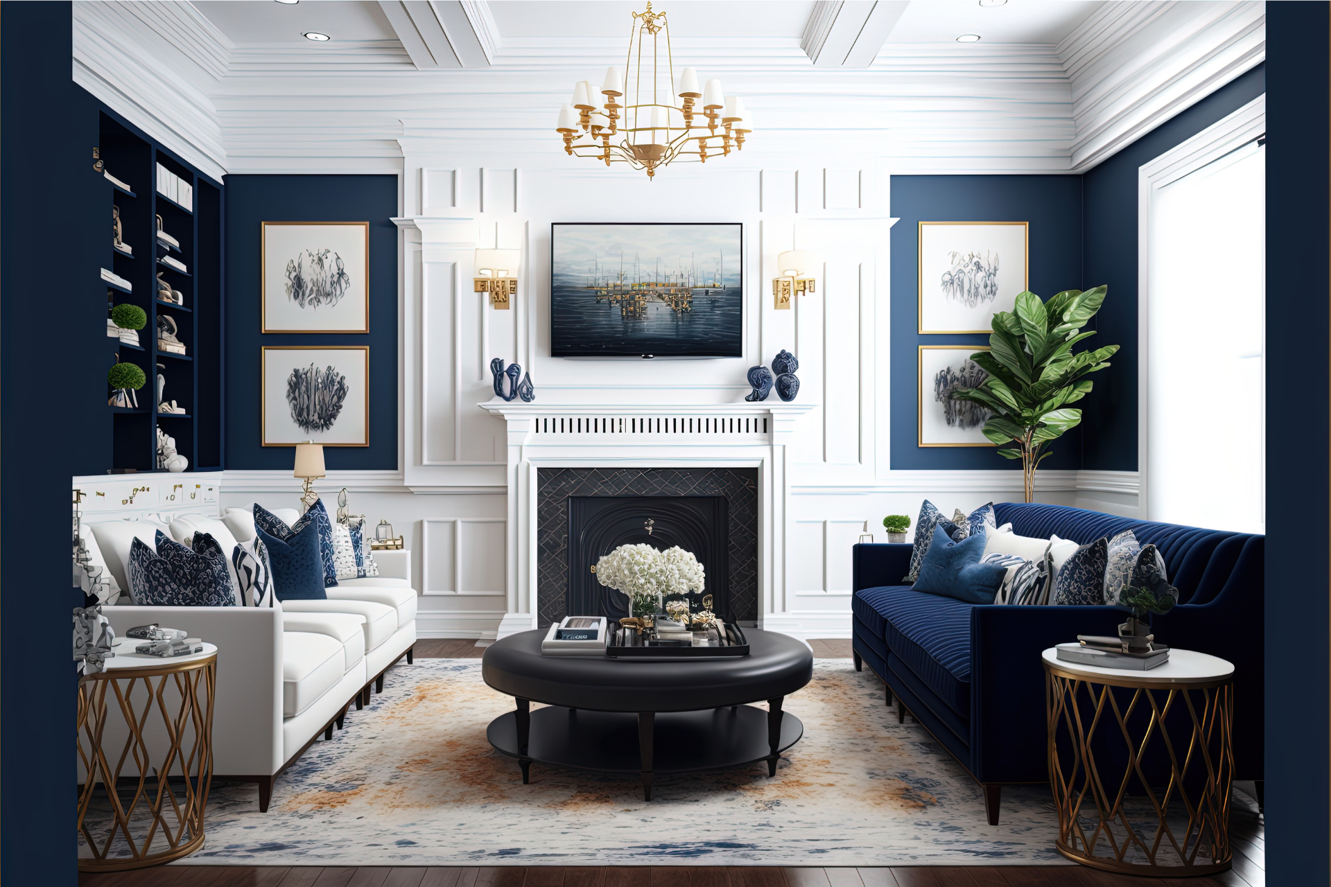 A living room with blue and white furniture and a fireplace.