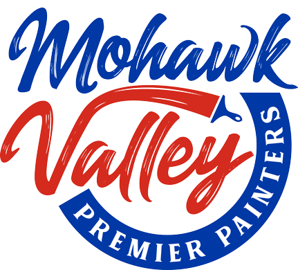 A red white and blue logo for mohawk valley premier painters