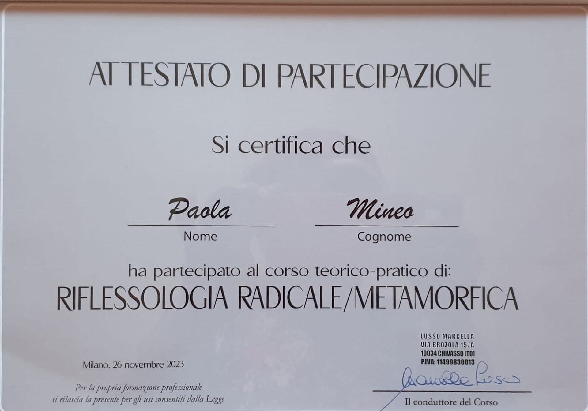 ALMA CURA di Paola Mineo - Attestato