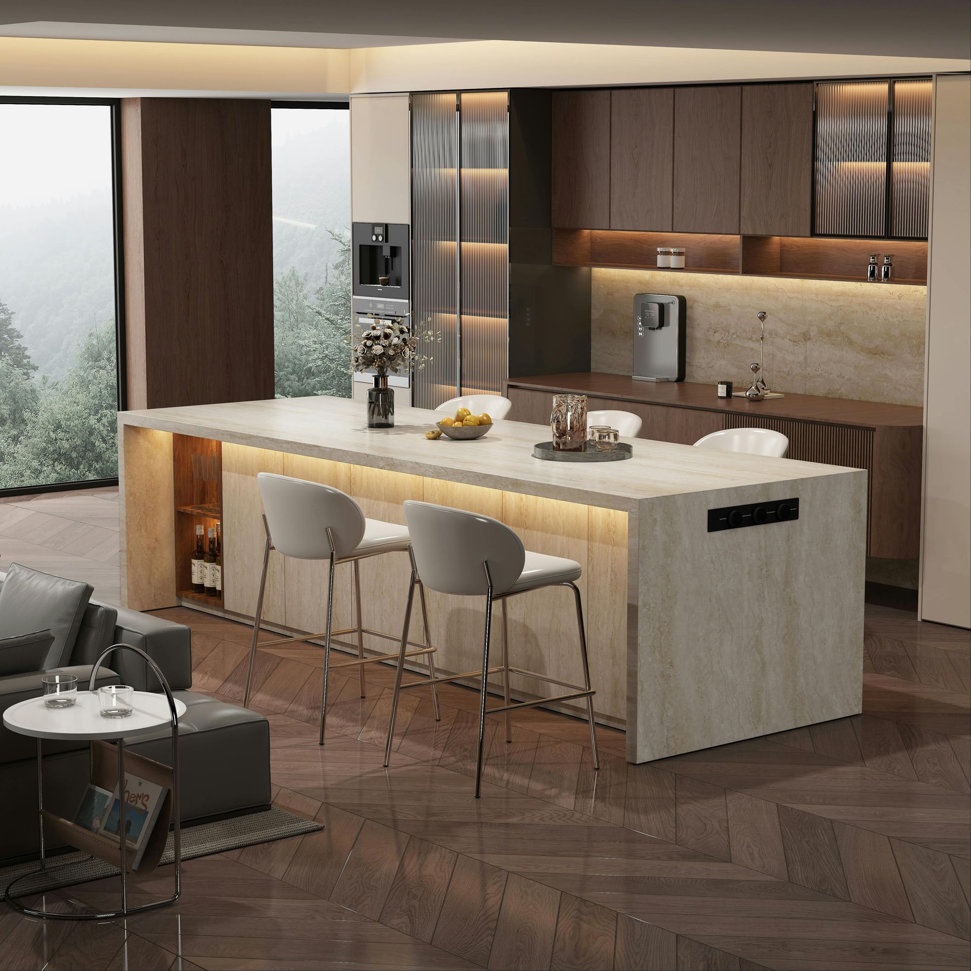 Modern kitchen with large island, bar stools, dark wood cabinets, and built-in appliances.