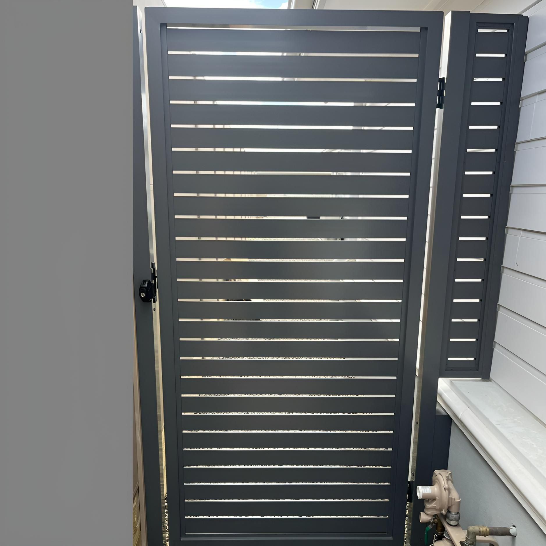 A Black Gate With White Stripes on It — Hunter Valley Lattice in Kurri Kurri, NSW