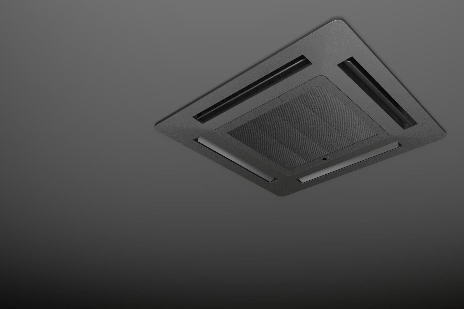 Ceiling-mounted air conditioning unit, square shape, dark gray vents, recessed in a gray ceiling.