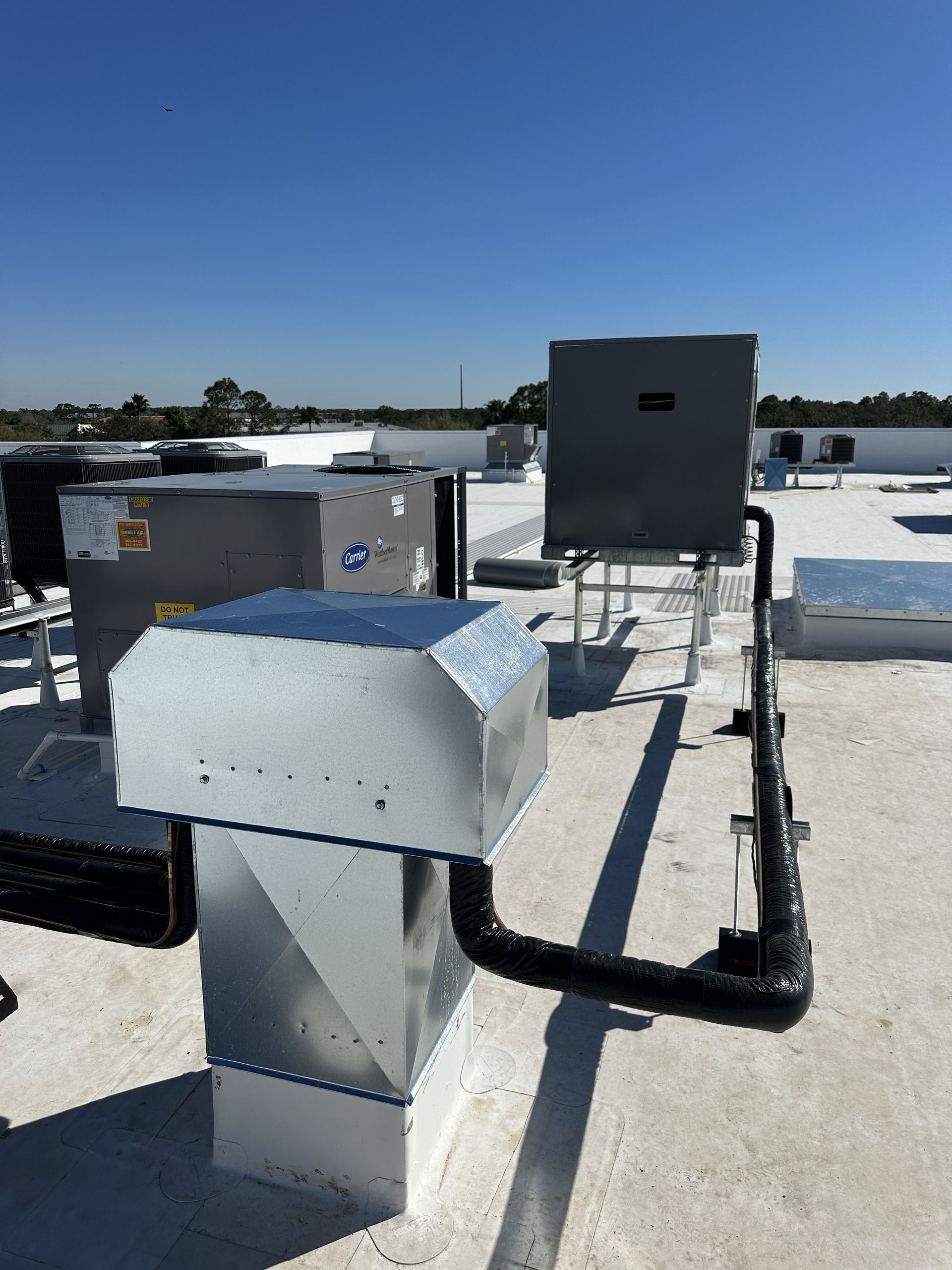 HVAC rooftop units on a white flat roof against a clear blue sky.