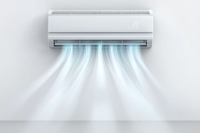White air conditioner blowing cool air on a white wall.