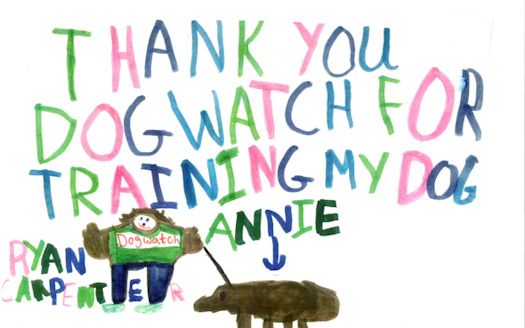Child's drawing: thank you Dog Watch for training my dog, with a dog and child with name