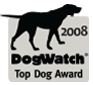 A silhouette of a dog standing next to the words `` dogwatch top dog award ''.
