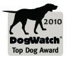 A dogwatch 2010 top dog award logo with a silhouette of a dog.