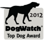 A silhouette of a dog is on a 2012 dogwatch top dog award sticker.