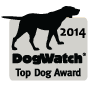 A black dog is standing on a white sticker that says 2014 dogwatch top dog award.