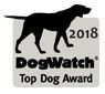 A silhouette of a dog standing next to the words `` 2018 dogwatch top dog award ''.